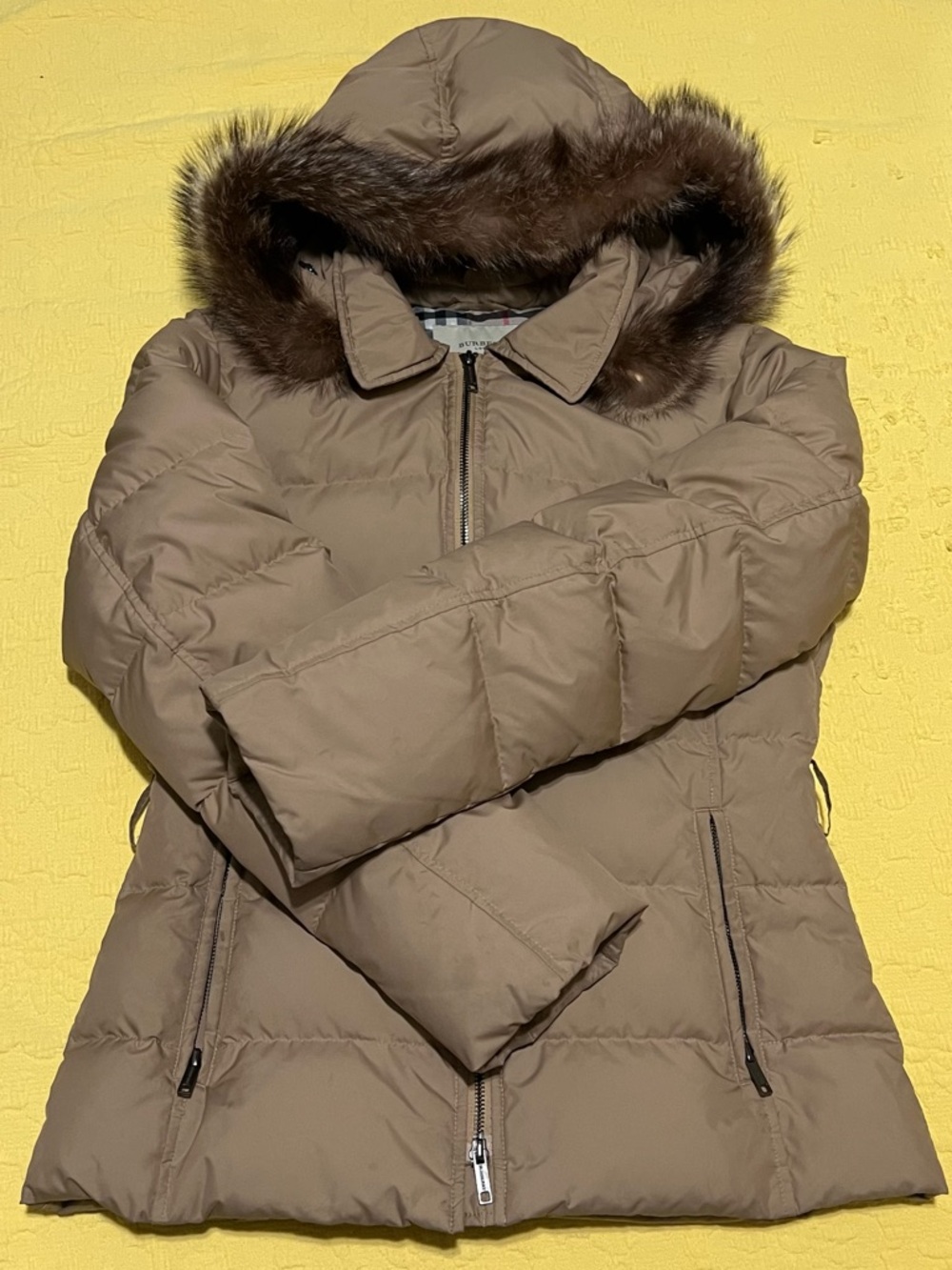 BURBERRY LONDON Quilted Puffed goose down fur trimmmed removable hood jacket~S~